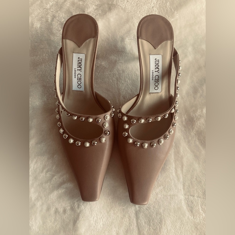 Jimmy Choo pearl  beige/ nude embellished leather mule heels Size US 10/ EU 40